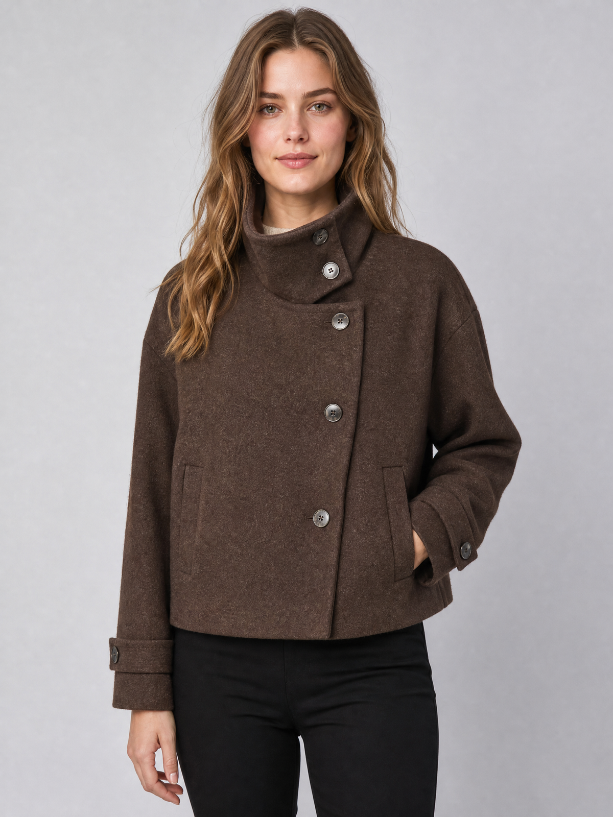 Women's Wool Blend Brown High Neck Short Coat Relaxed Fit