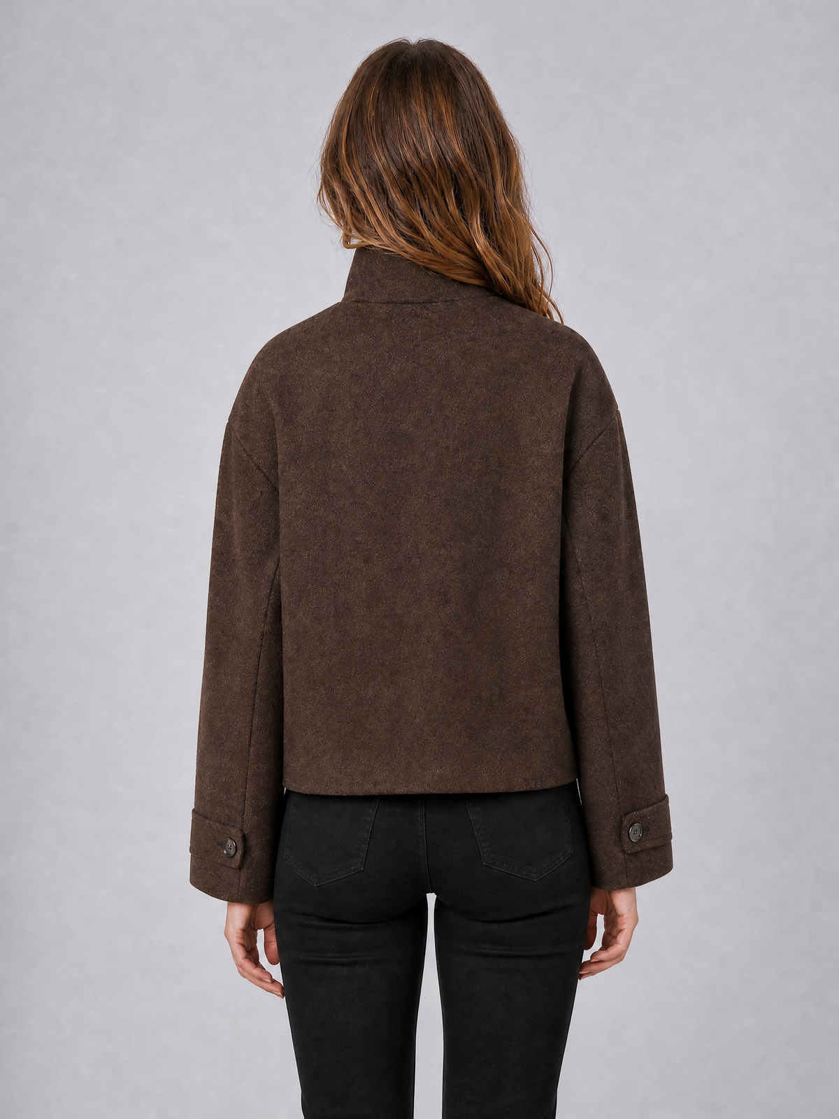 Women's Wool Blend Brown High Neck Short Coat Relaxed Fit