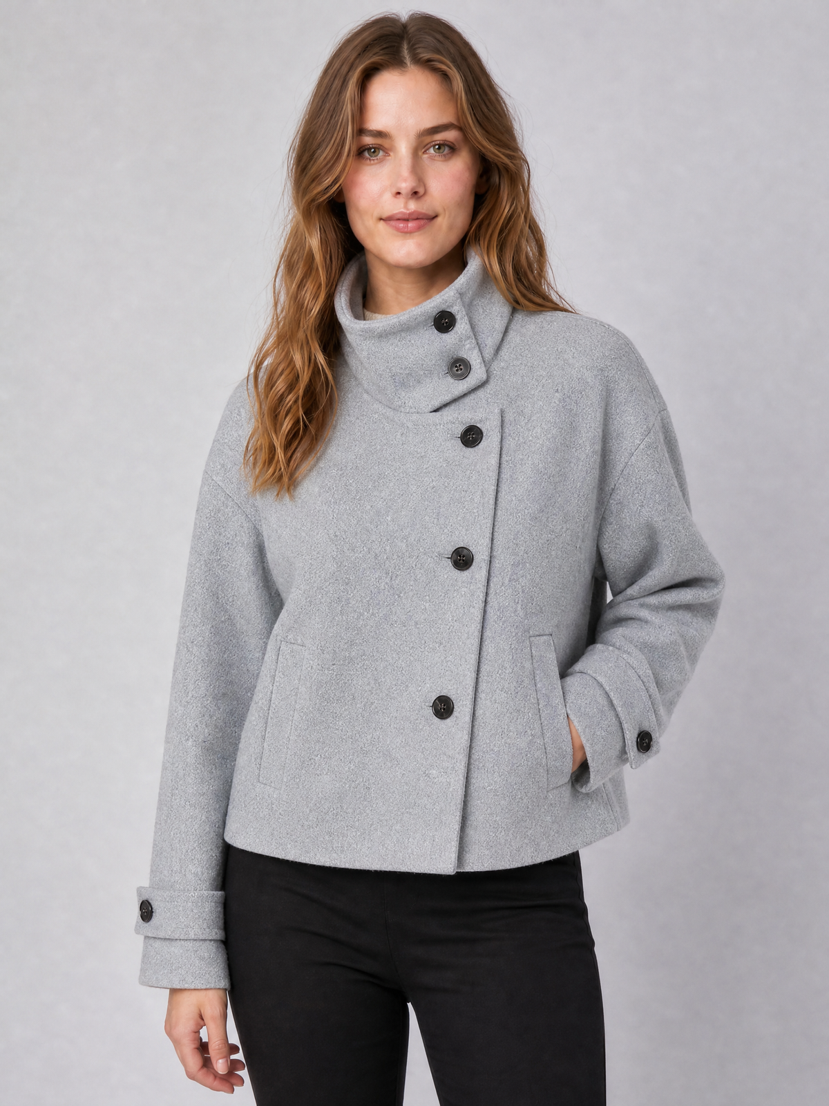 Women's Wool Blend Brown High Neck Short Coat Relaxed Fit