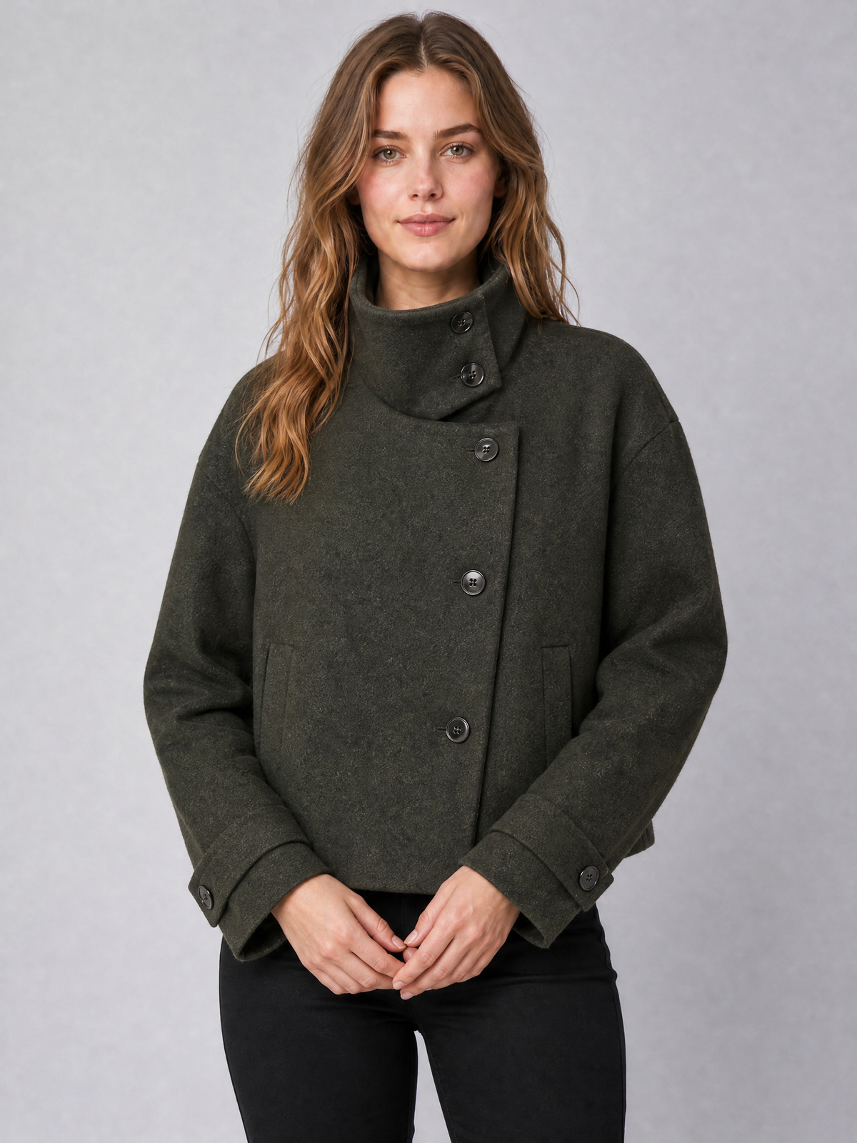 Women's Wool Blend Brown High Neck Short Coat Relaxed Fit