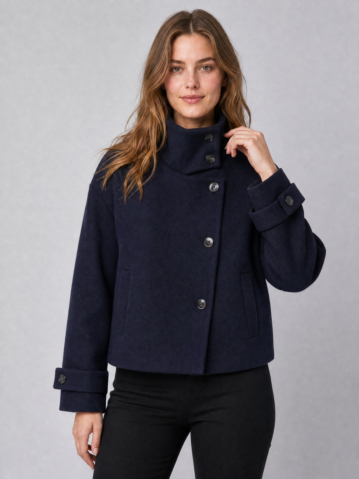 Women's Wool Blend Brown High Neck Short Coat Relaxed Fit