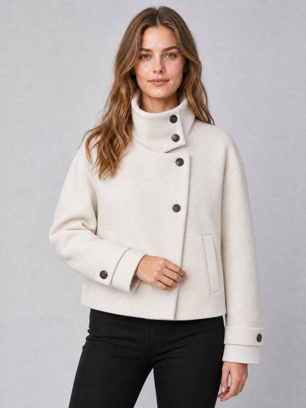 Women's Wool Blend Brown High Neck Short Coat Relaxed Fit