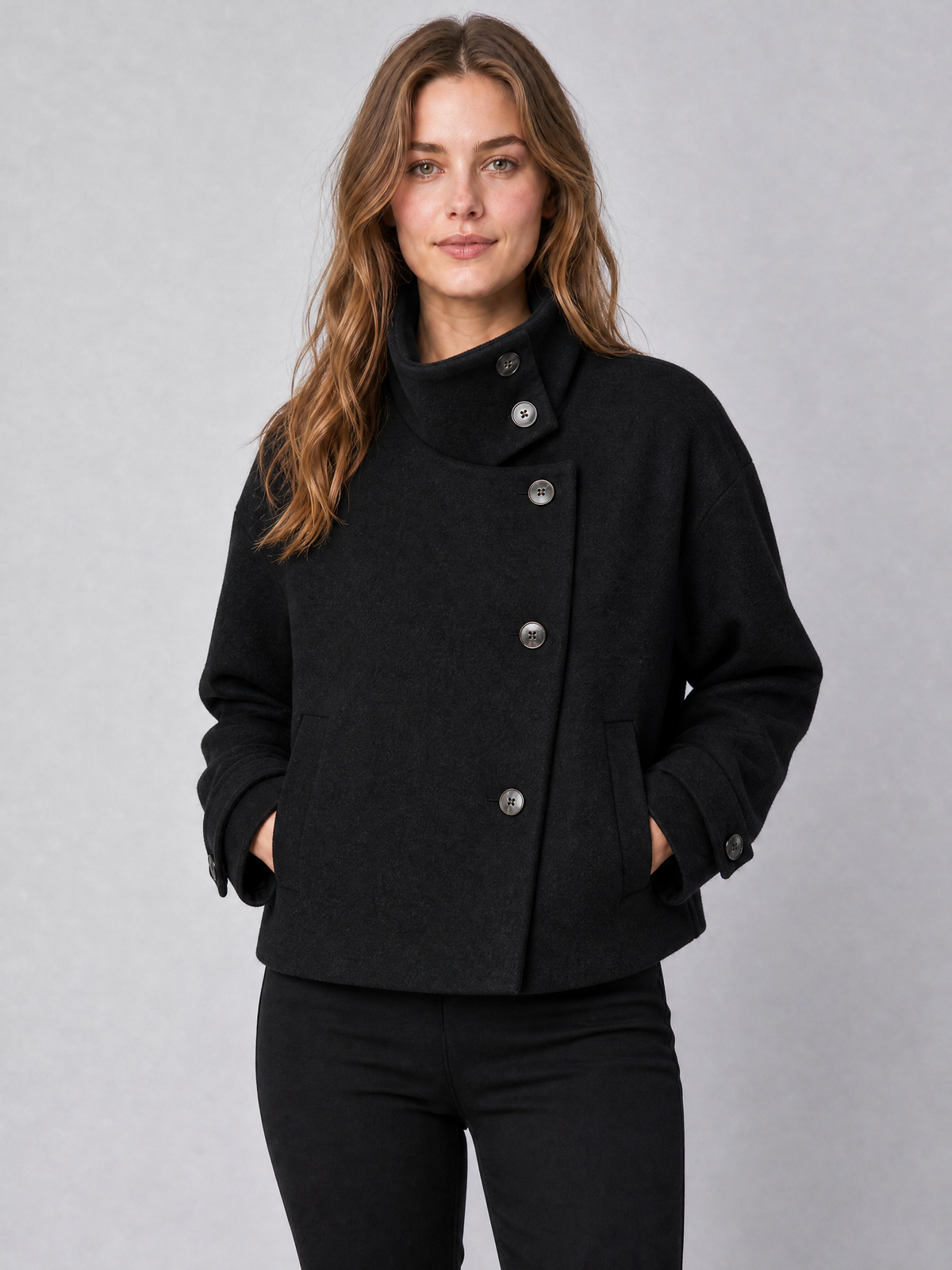 Women's Wool Blend Brown High Neck Short Coat Relaxed Fit