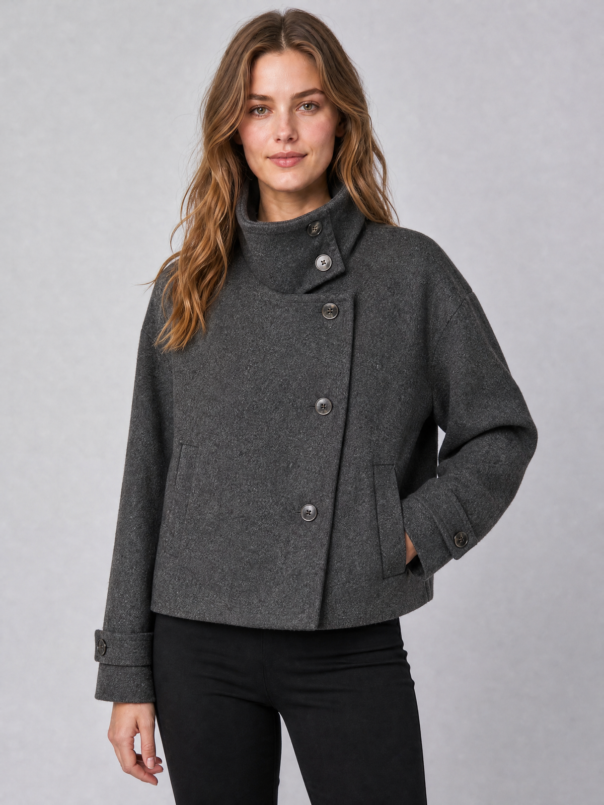 Women's Wool Blend Brown High Neck Short Coat Relaxed Fit
