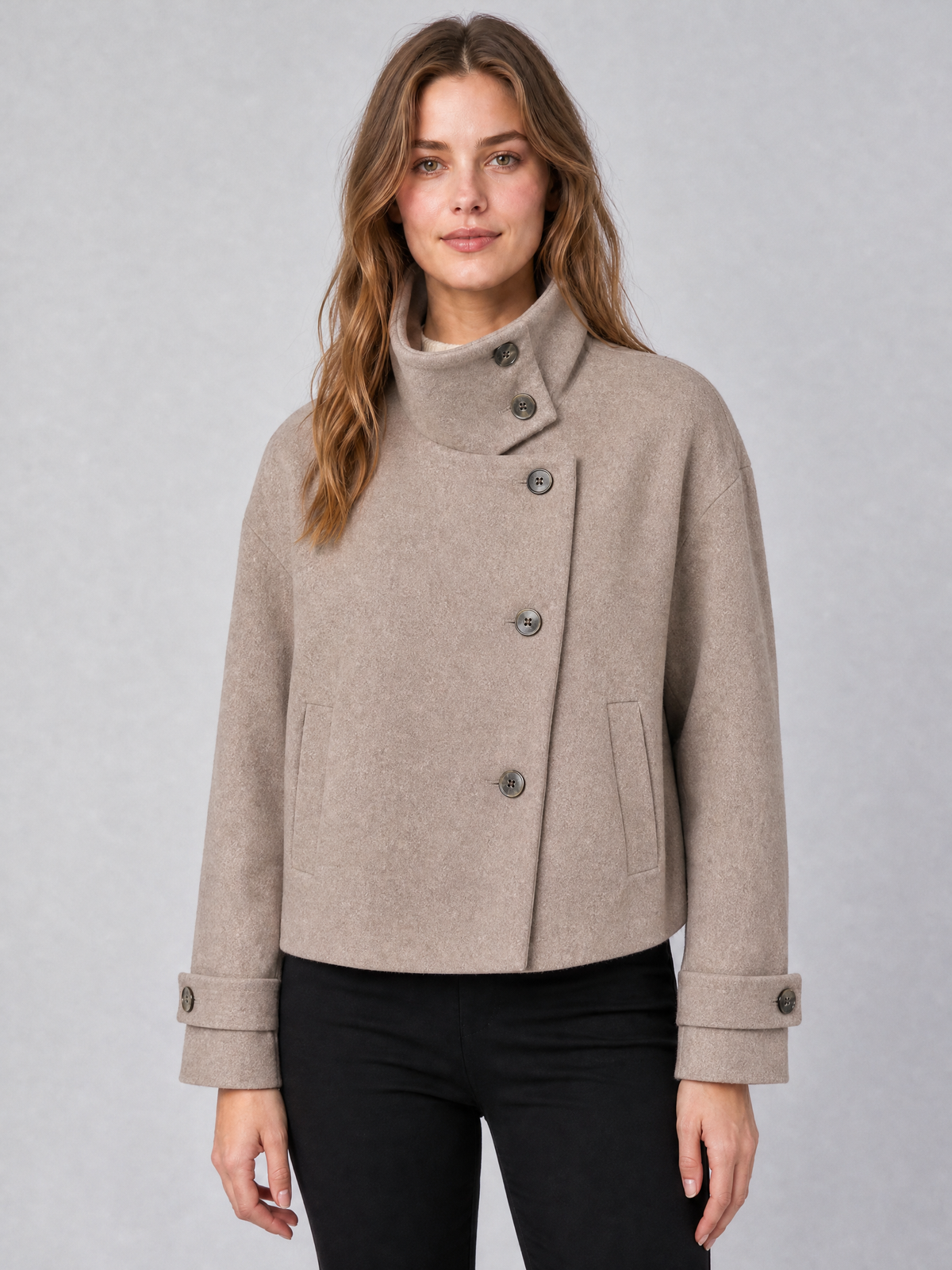 Women's Wool Blend Brown High Neck Short Coat Relaxed Fit