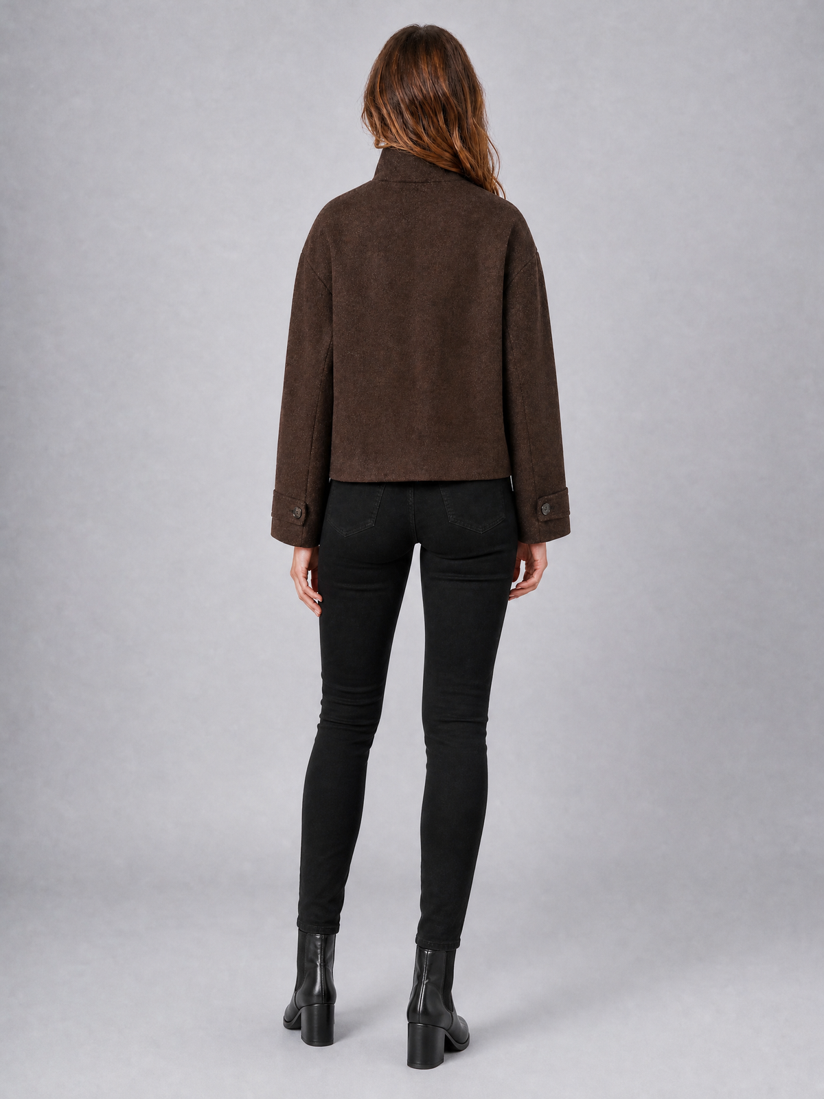 Women's Wool Blend Brown High Neck Short Coat Relaxed Fit