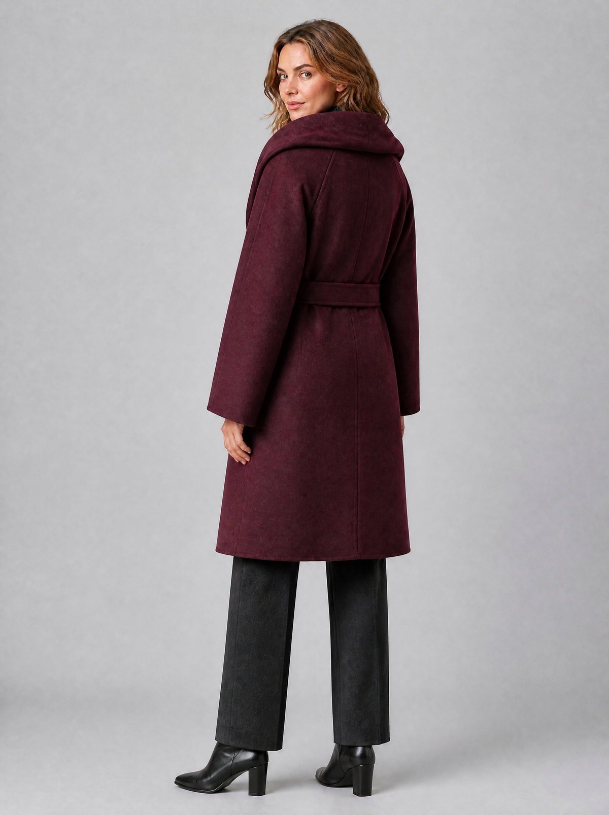 Women's Wool Blend Burgundy Attached Scarf Belted Overcoat Relaxed Fit - product view 2