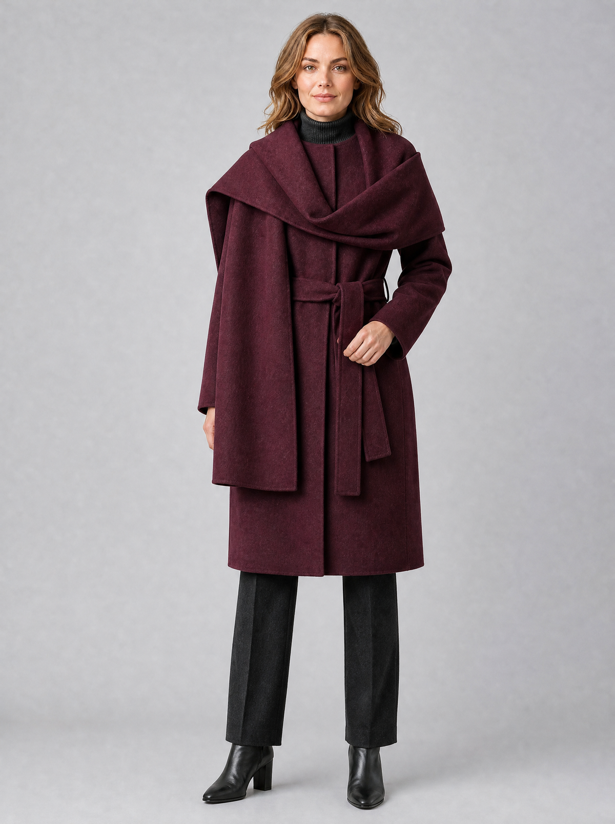 Women's Wool Blend Burgundy Attached Scarf Belted Overcoat Relaxed Fit - product view 1
