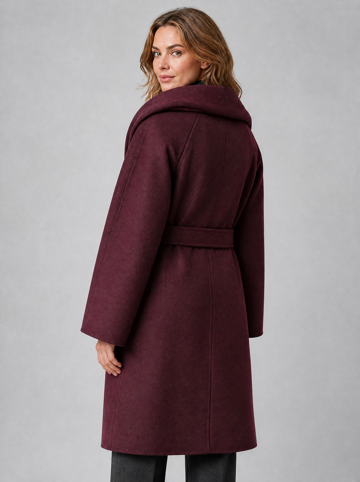 Women's Wool Blend Burgundy Attached Scarf Belted Overcoat Relaxed Fit - product view 4