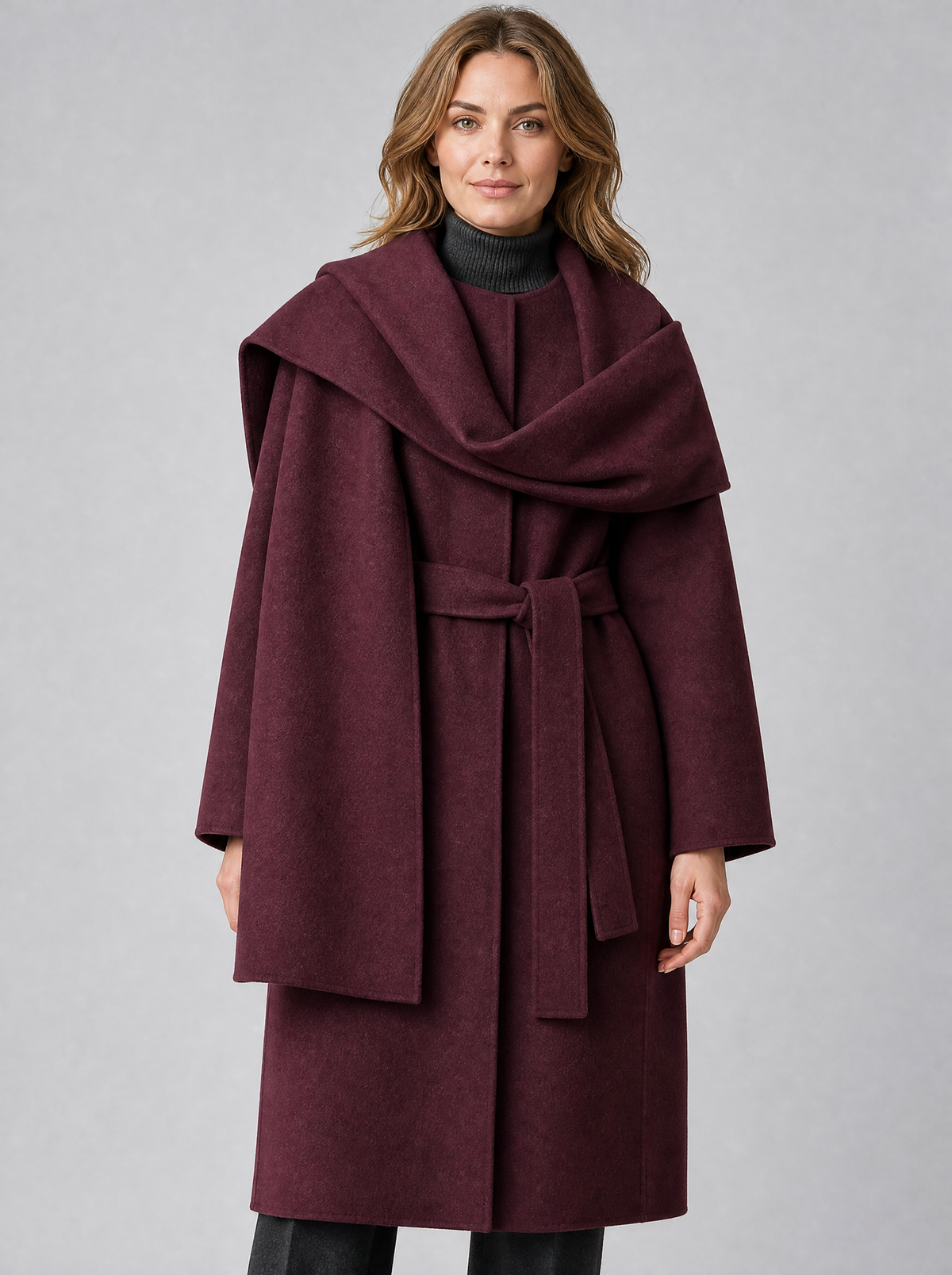 Women's Wool Blend Burgundy Attached Scarf Belted Overcoat Relaxed Fit - Burgundy colour view