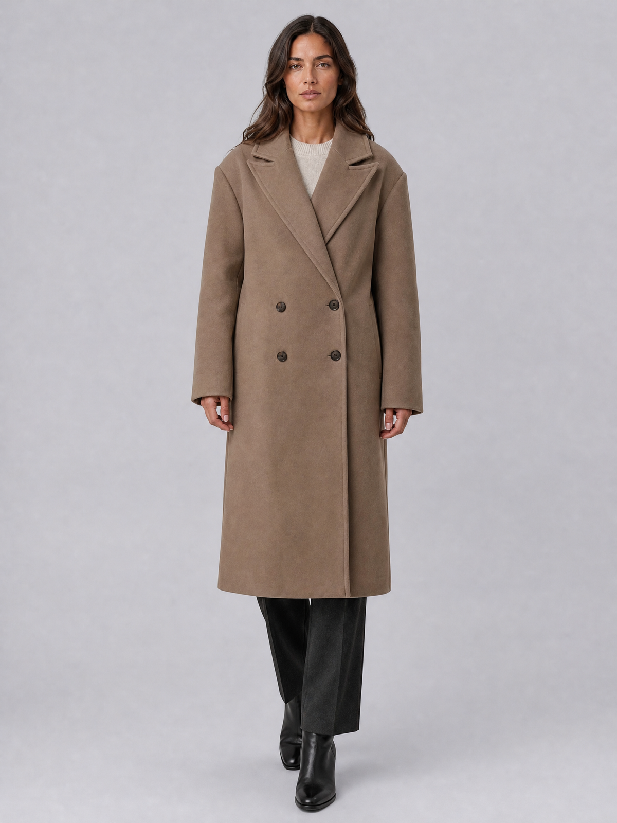 Women's Wool Blend Camel Double Breasted Overcoat Relaxed Fit