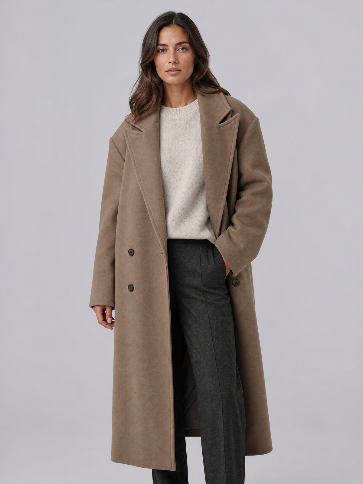 Women's Wool Blend Camel Double Breasted Overcoat Relaxed Fit