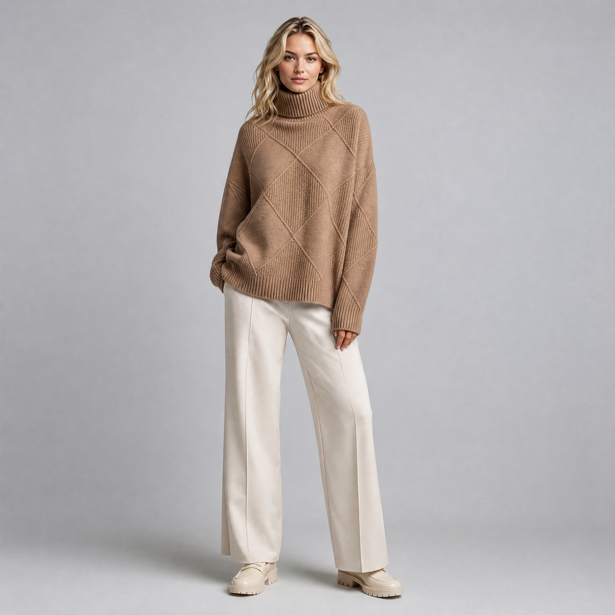 Women's Wool Blend Diamond Knit Roll Neck Jumper