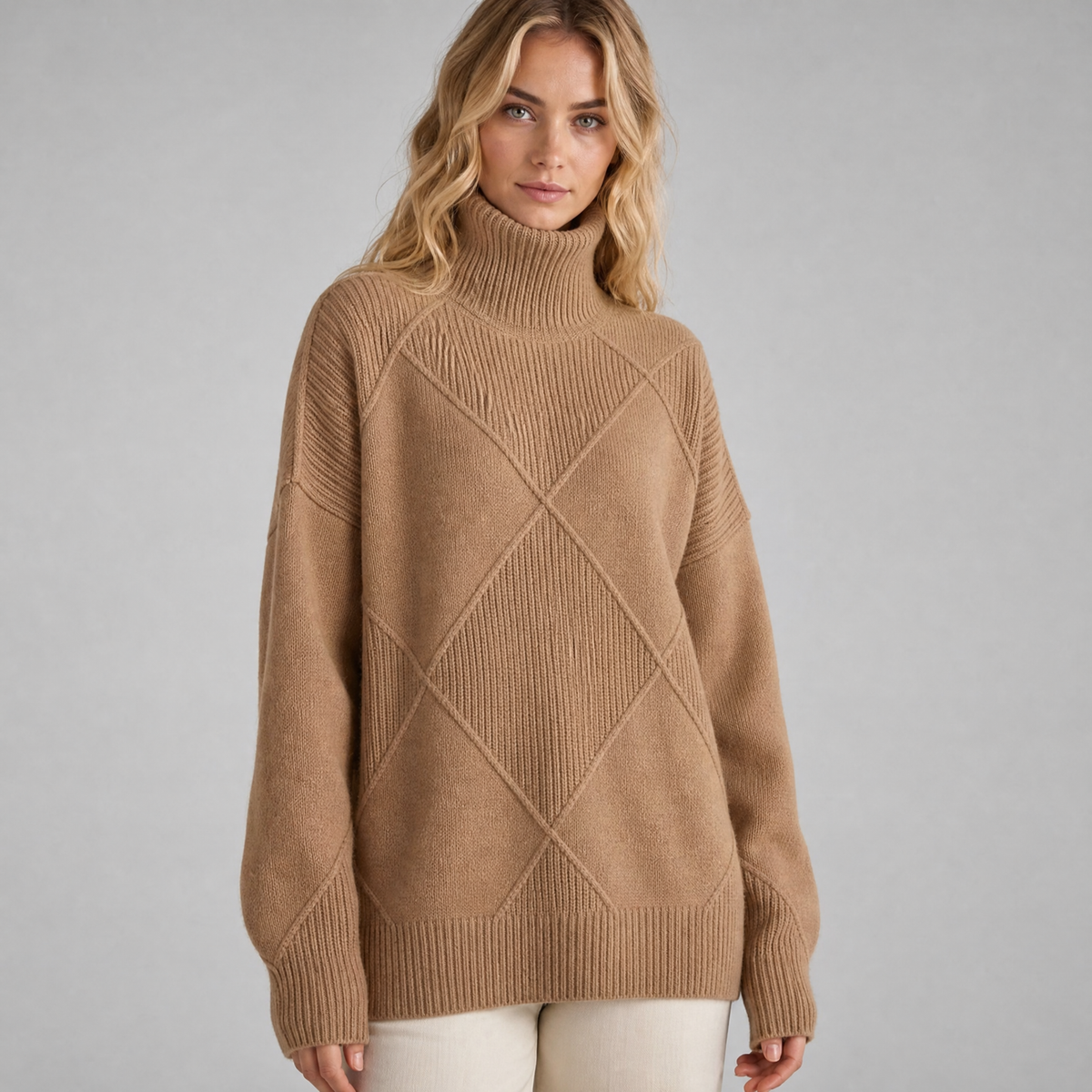 Women's Wool Blend Diamond Knit Roll Neck Jumper