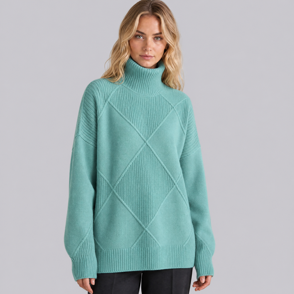 Women's Wool Blend Diamond Knit Roll Neck Jumper