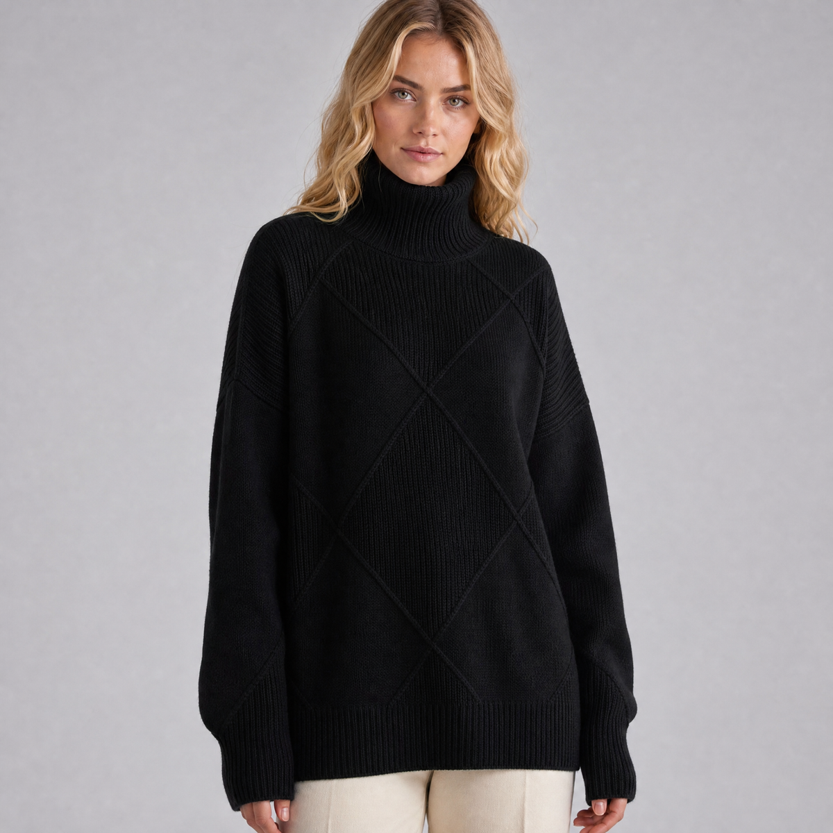 Women's Wool Blend Diamond Knit Roll Neck Jumper