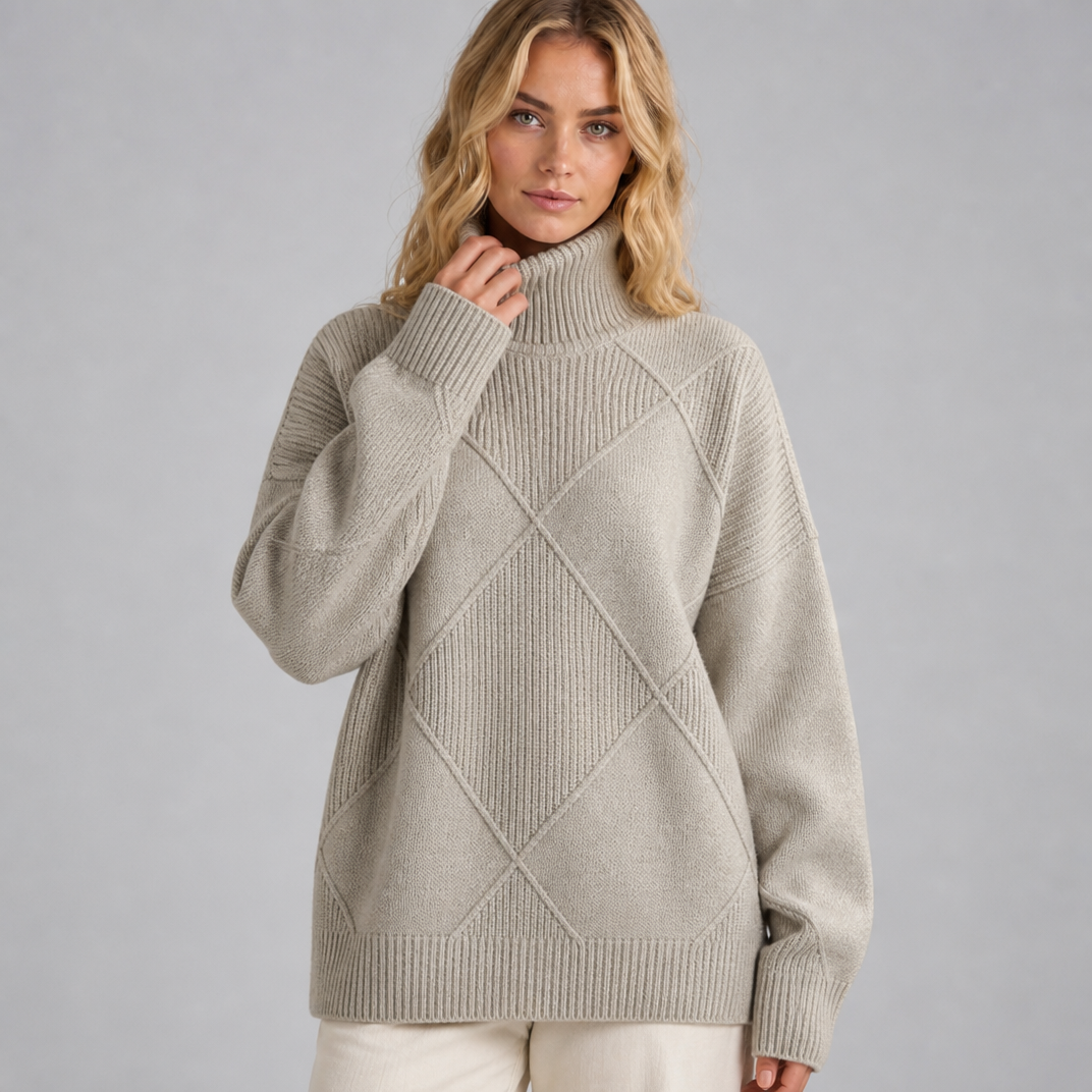 Women's Wool Blend Diamond Knit Roll Neck Jumper
