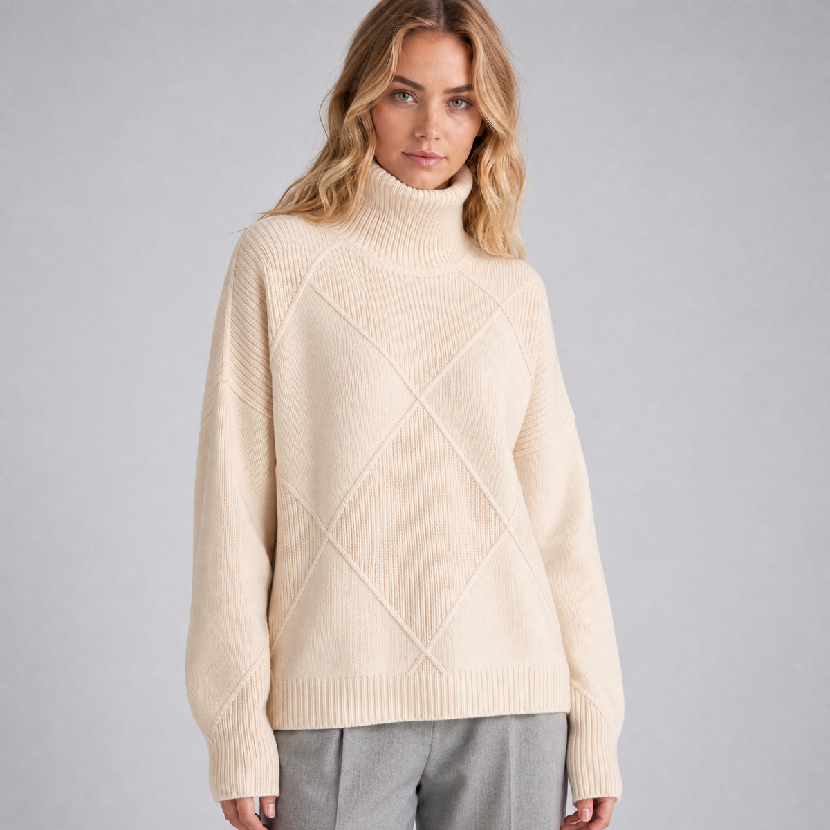 Women's Wool Blend Diamond Knit Roll Neck Jumper