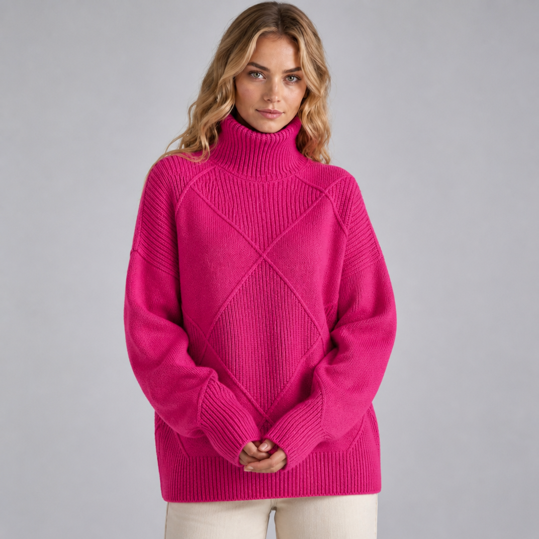 Women's Wool Blend Diamond Knit Roll Neck Jumper