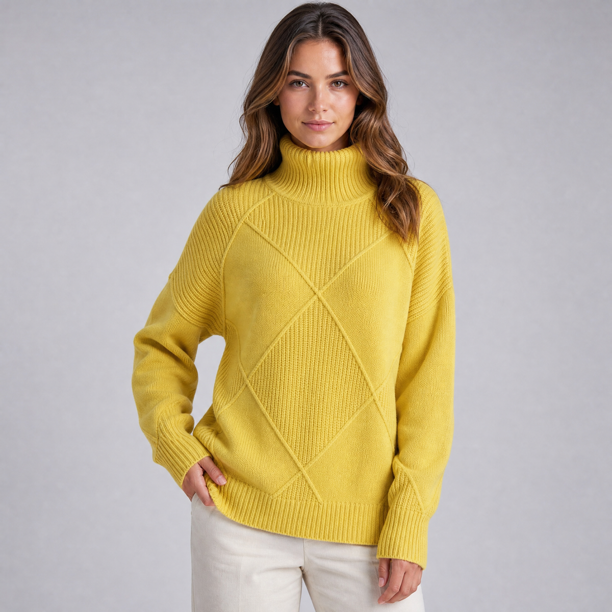 Women's Wool Blend Diamond Knit Roll Neck Jumper