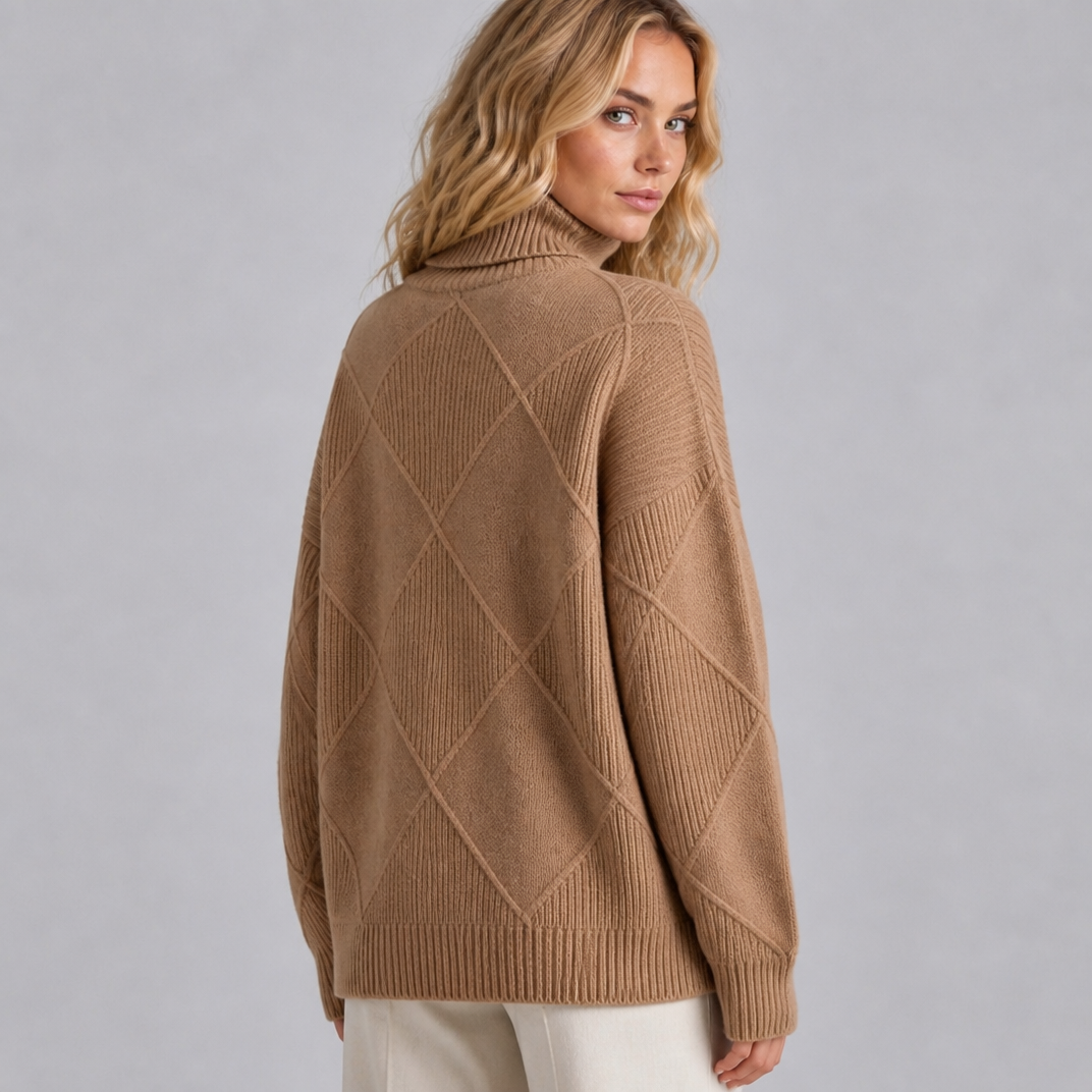 Women's Wool Blend Diamond Knit Roll Neck Jumper