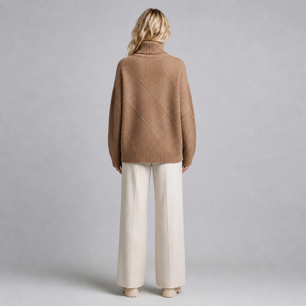Women's Wool Blend Diamond Knit Roll Neck Jumper