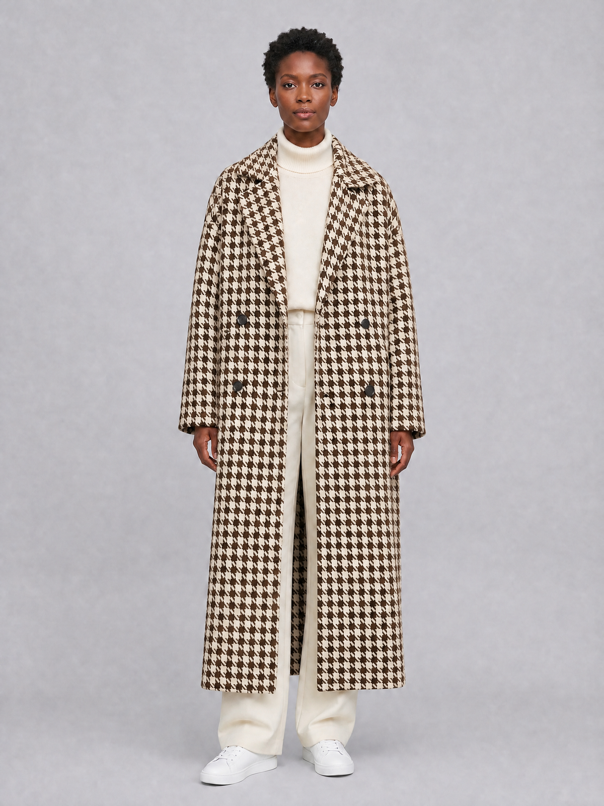 Women's Wool Blend Dogtooth Double Breasted Overcoat Tailored Fit