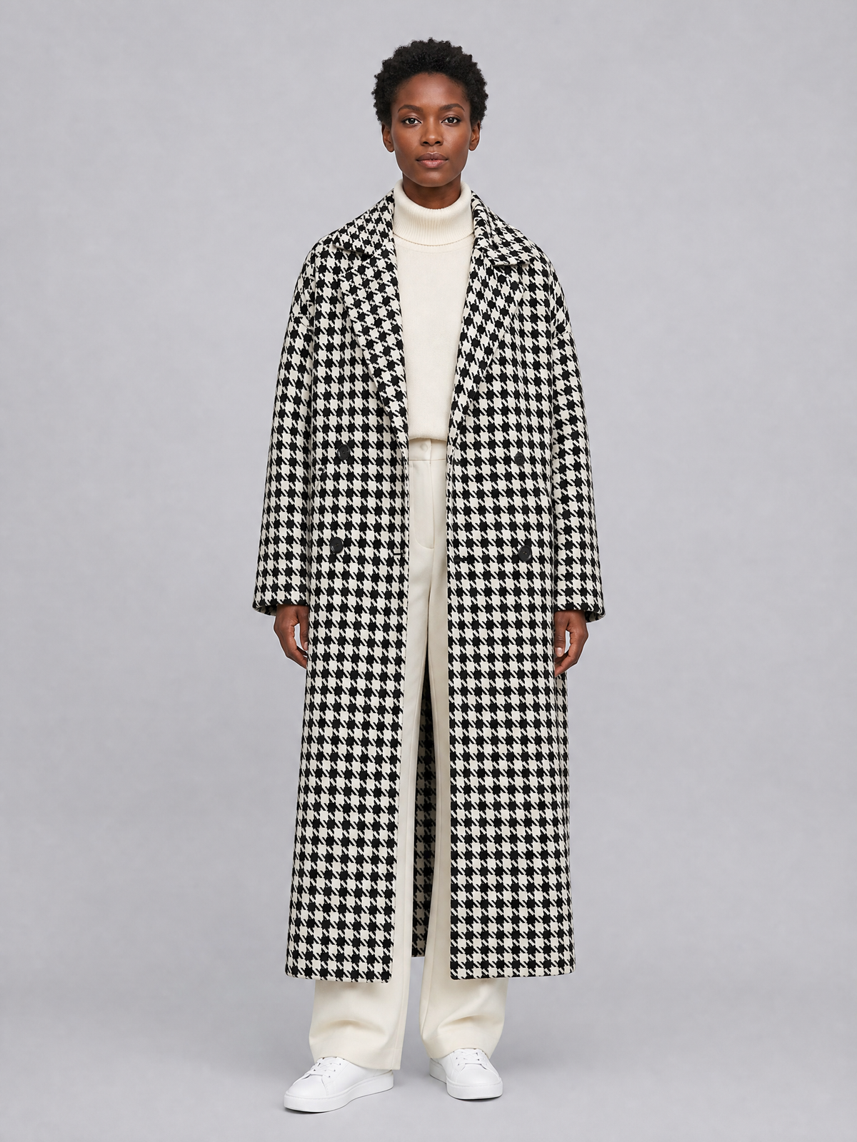 Women's Wool Blend Dogtooth Double Breasted Overcoat Tailored Fit