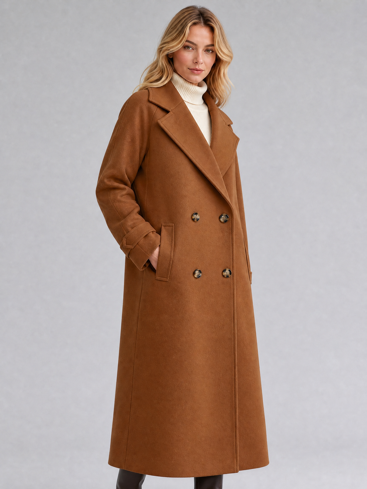 Women's Wool Blend Double Breasted Longline Overcoat Tailored Fit