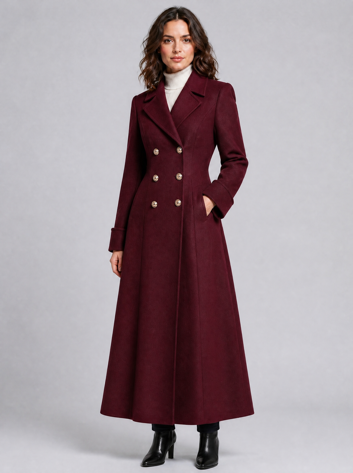 Women's Wool Blend Double Breasted Maxi Overcoat Tailored Fit - Burgundy colour view