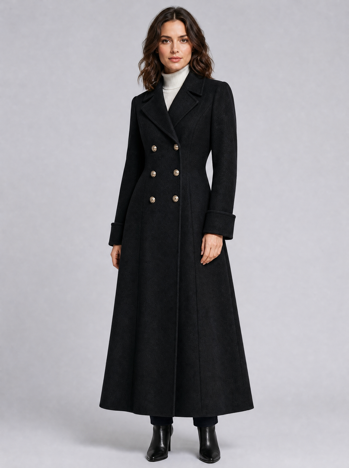Women's Wool Blend Double Breasted Maxi Overcoat Tailored Fit - Black colour view