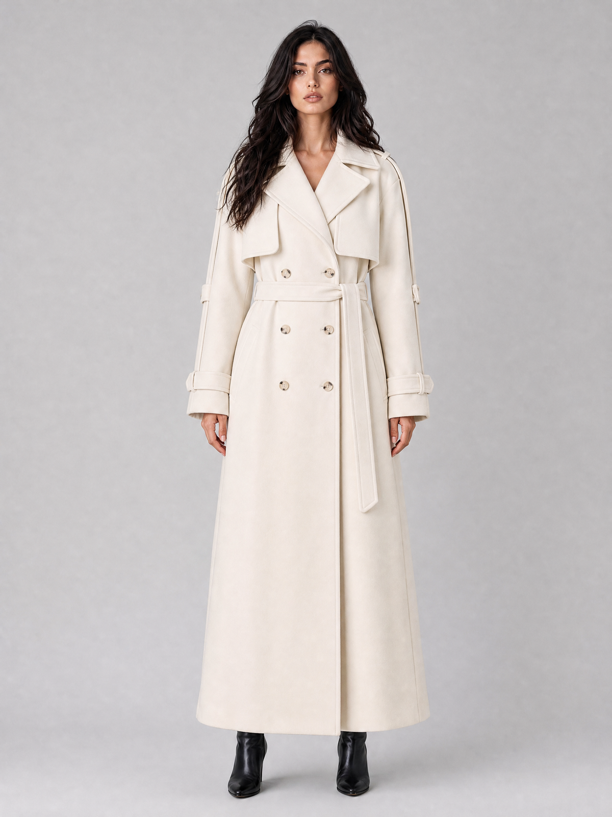 Women's Wool Blend Double Breasted Maxi Trench Coat Tailored Fit