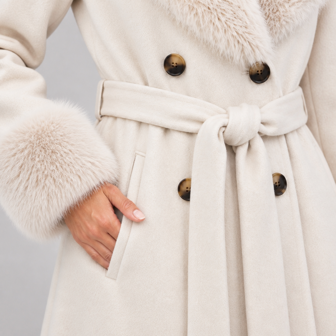Women's Wool Blend Faux Fur Belted Wrap Coat Tailored Fit