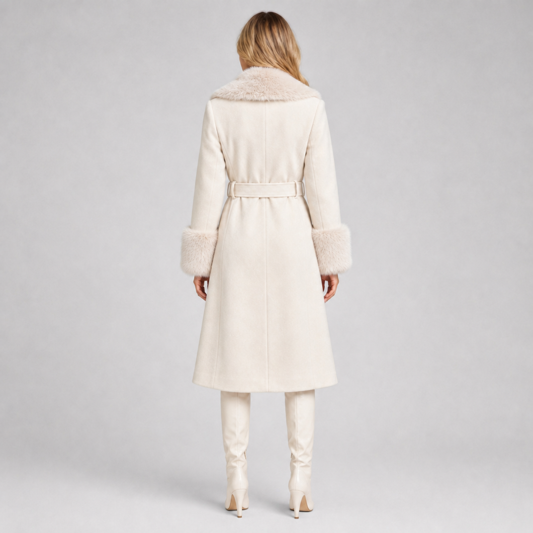Women's Wool Blend Faux Fur Belted Wrap Coat Tailored Fit