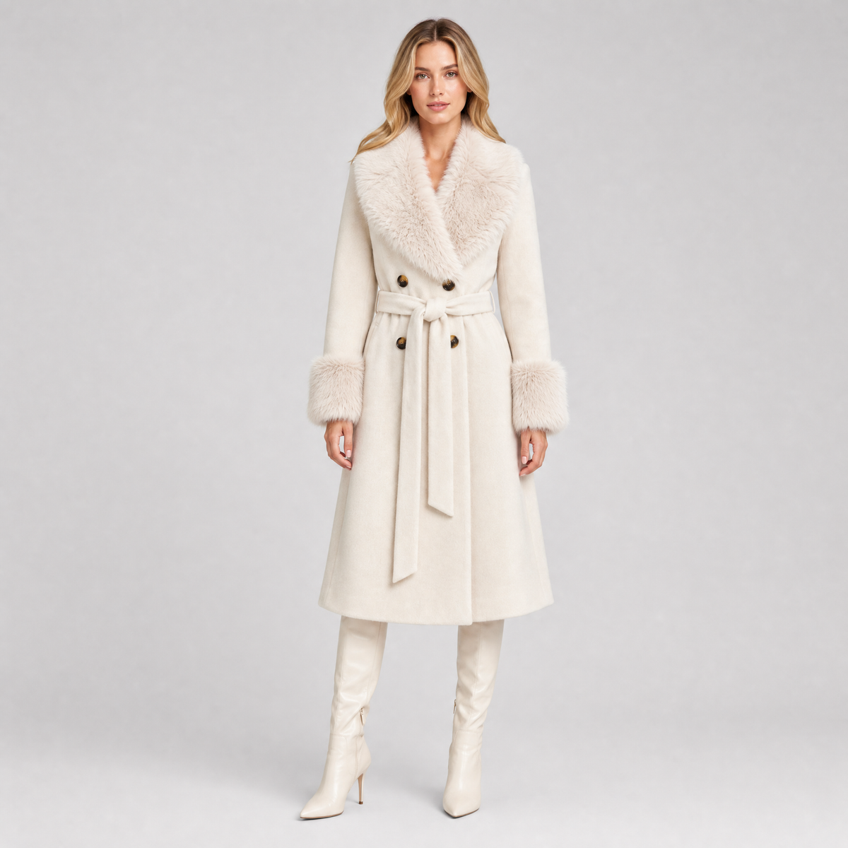 Women's Wool Blend Faux Fur Belted Wrap Coat Tailored Fit