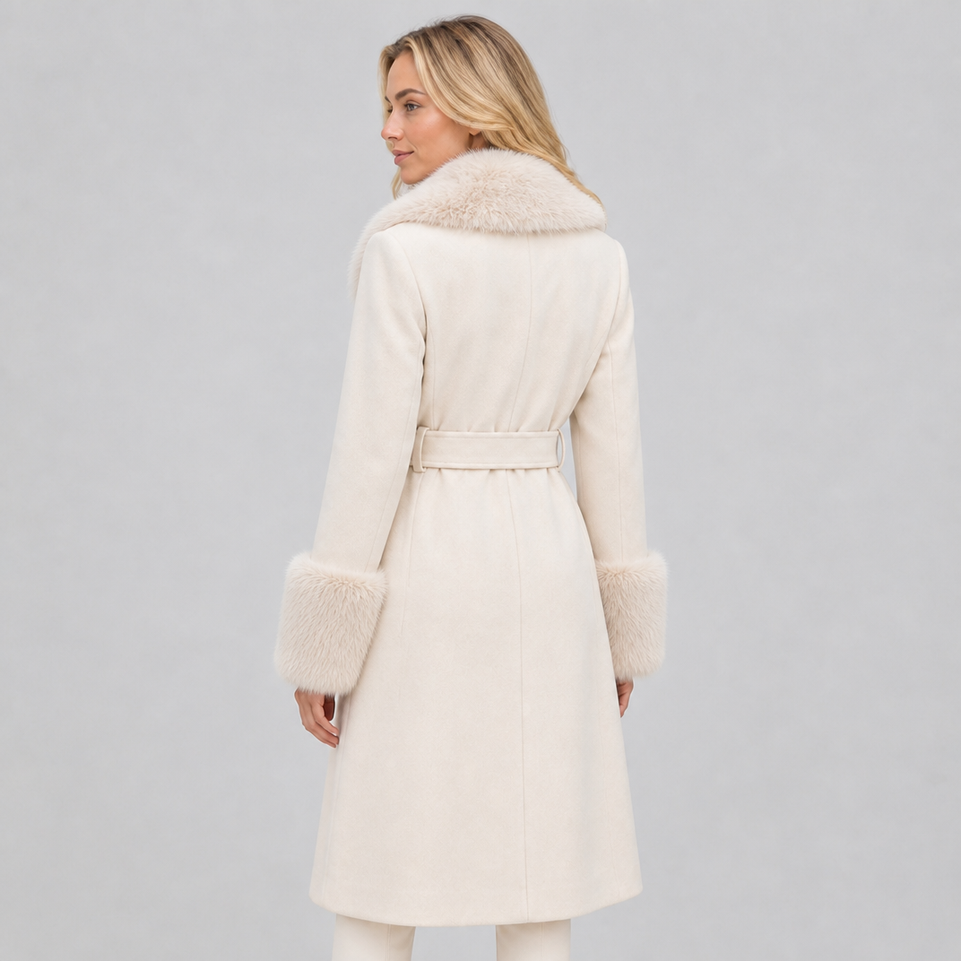 Women's Wool Blend Faux Fur Belted Wrap Coat Tailored Fit