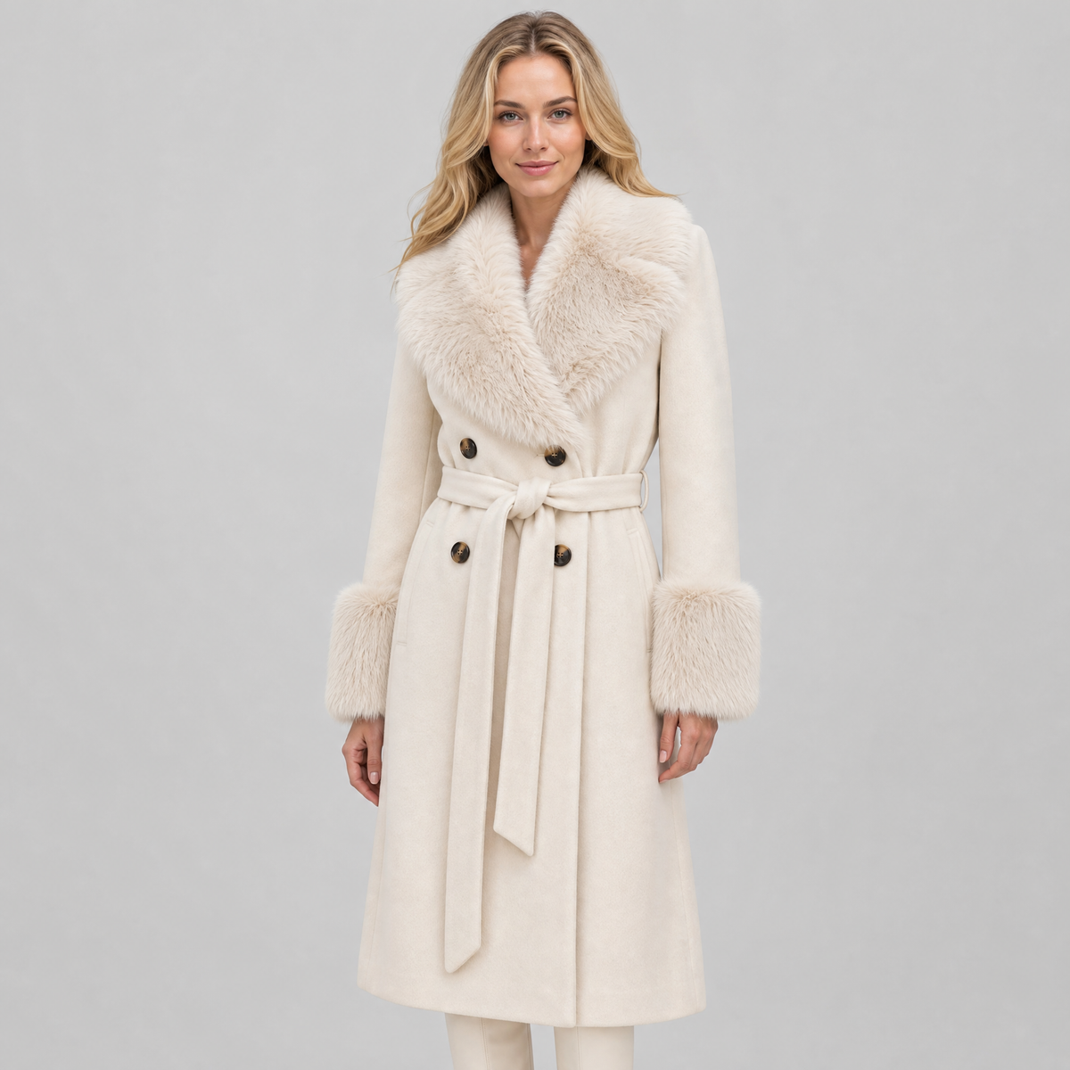 Women's Wool Blend Faux Fur Belted Wrap Coat Tailored Fit