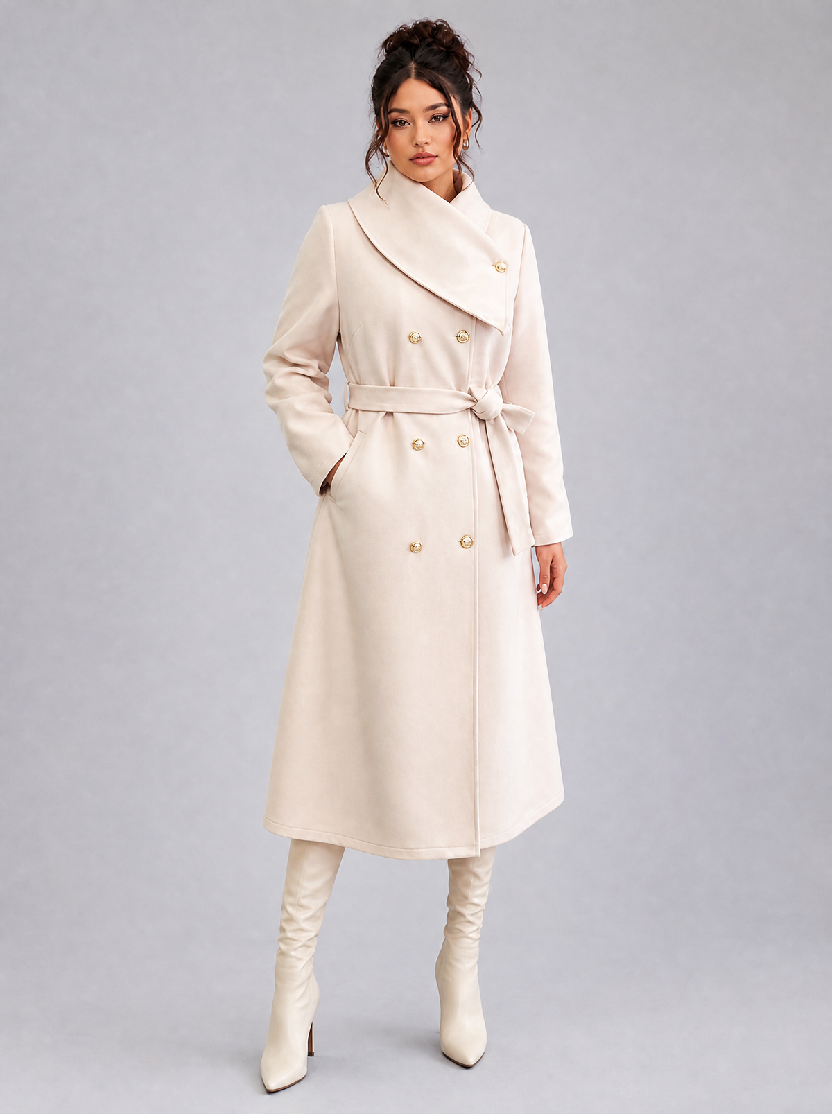Women's Wool Blend Funnel Neck Belted Coat Tailored Fit