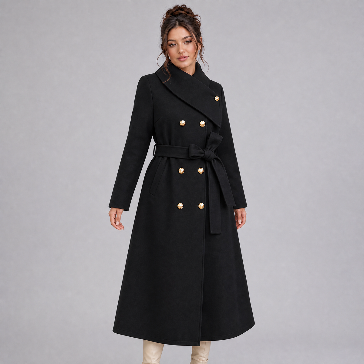 Women's Wool Blend Funnel Neck Belted Coat Tailored Fit
