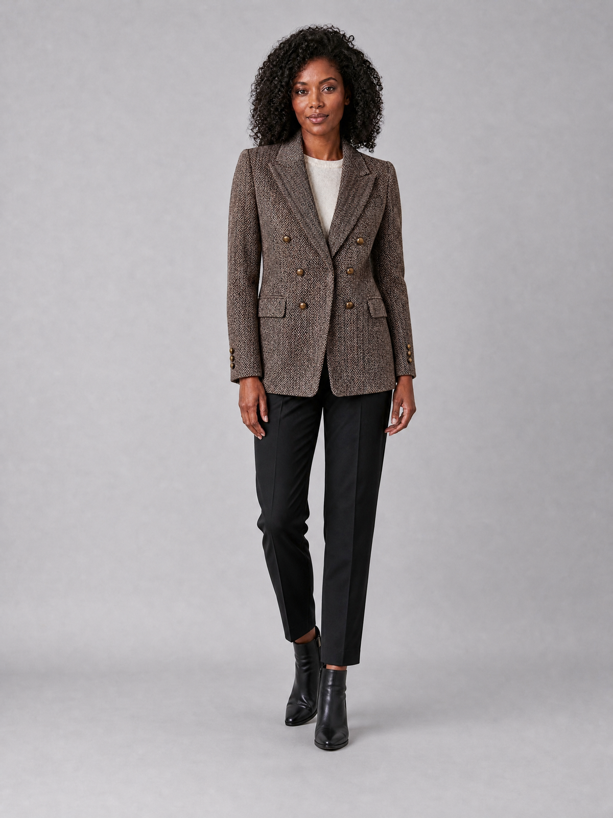 Women's Wool Blend Herringbone Double Breasted Blazer Tailored Fit