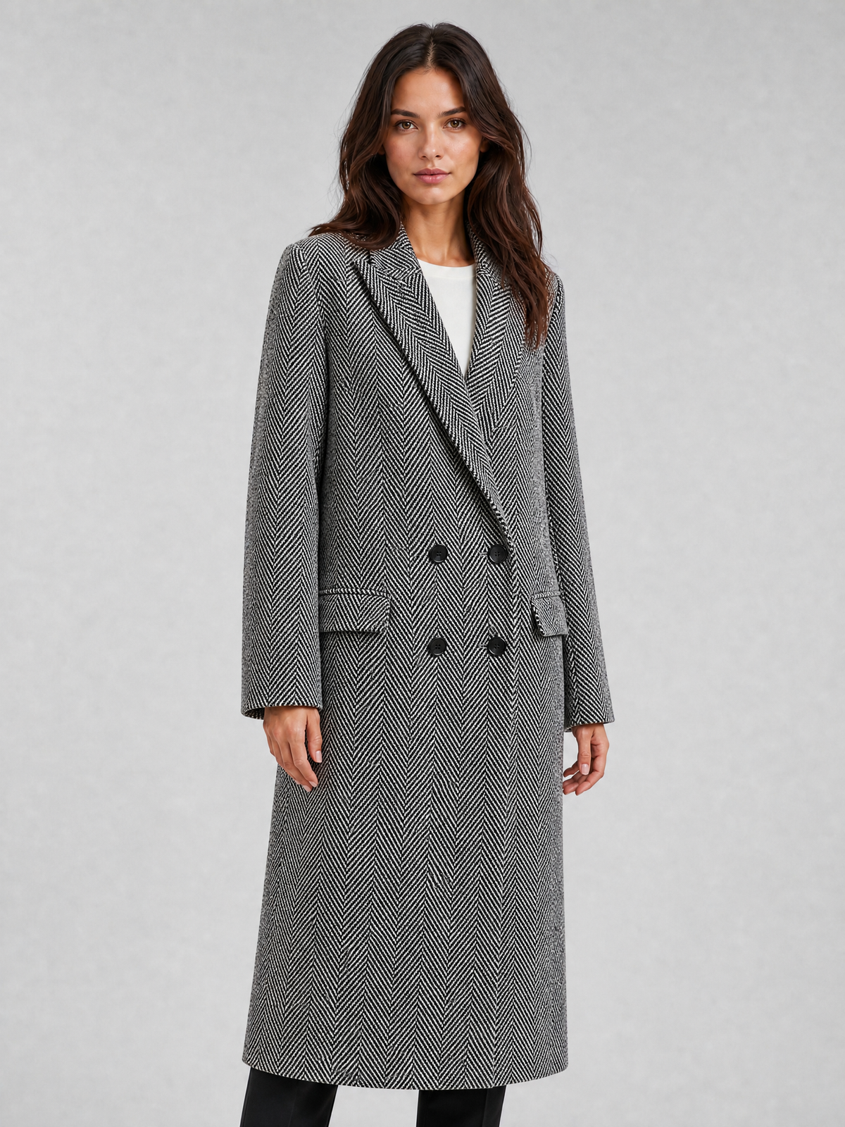 Women's Wool Blend Herringbone Double Breasted Overcoat Tailored Fit
