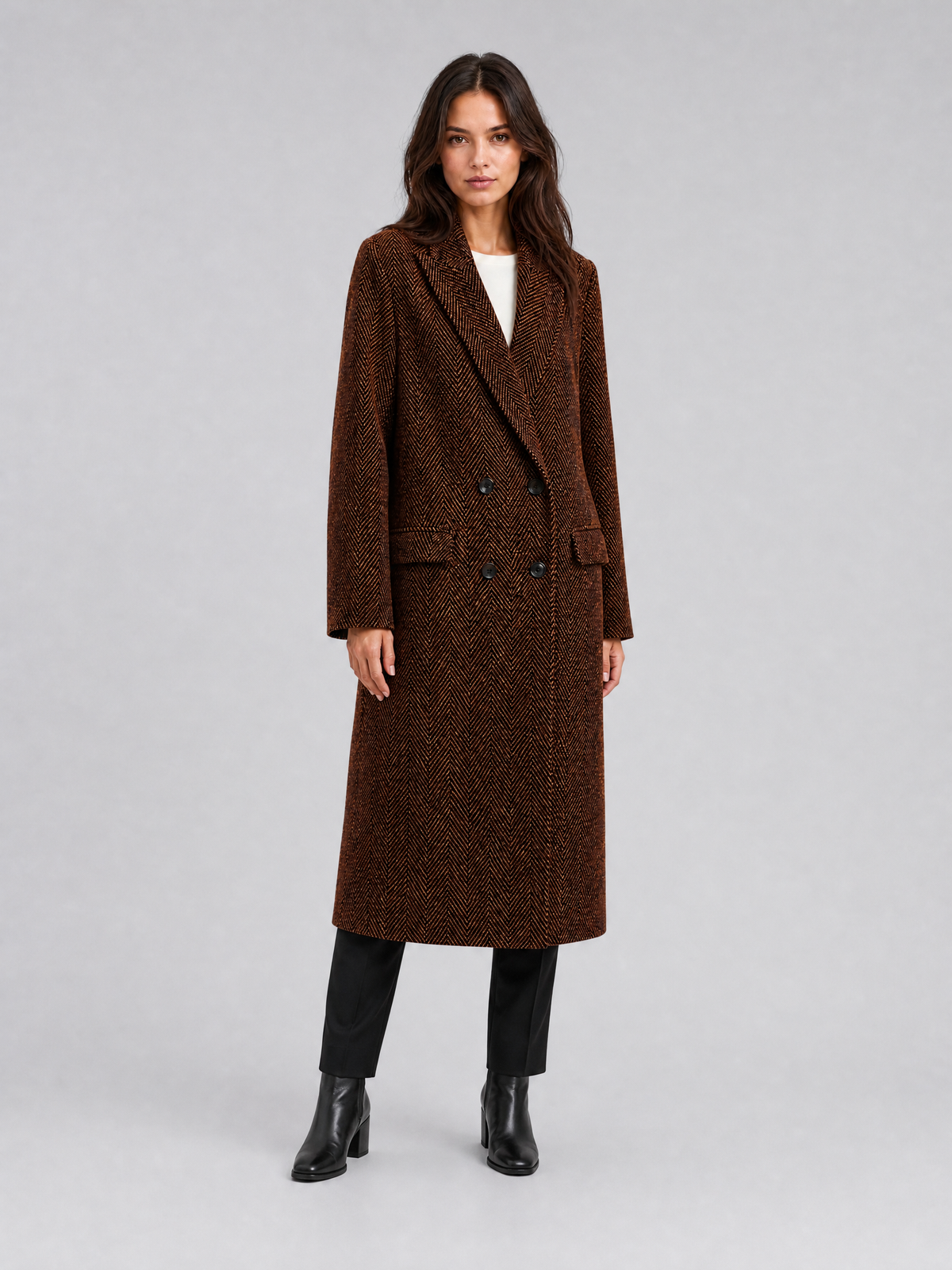 Women's Wool Blend Herringbone Double Breasted Overcoat Tailored Fit