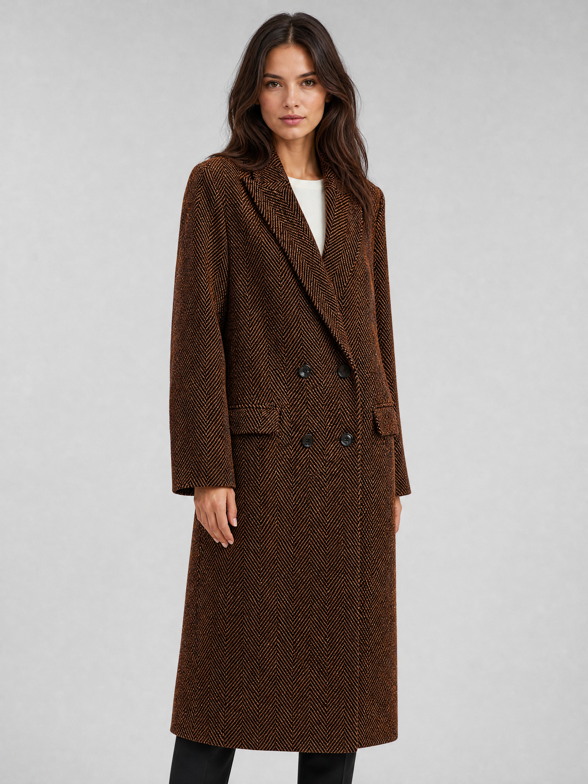 Women's Wool Blend Herringbone Double Breasted Overcoat Tailored Fit