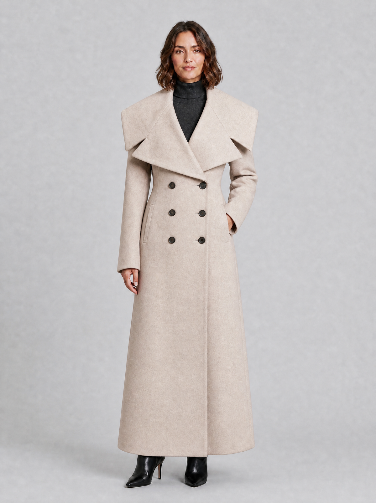 Women's Wool Blend Oversized Collar Double Breasted Maxi Overcoat Tailored Fit - Cream colour view