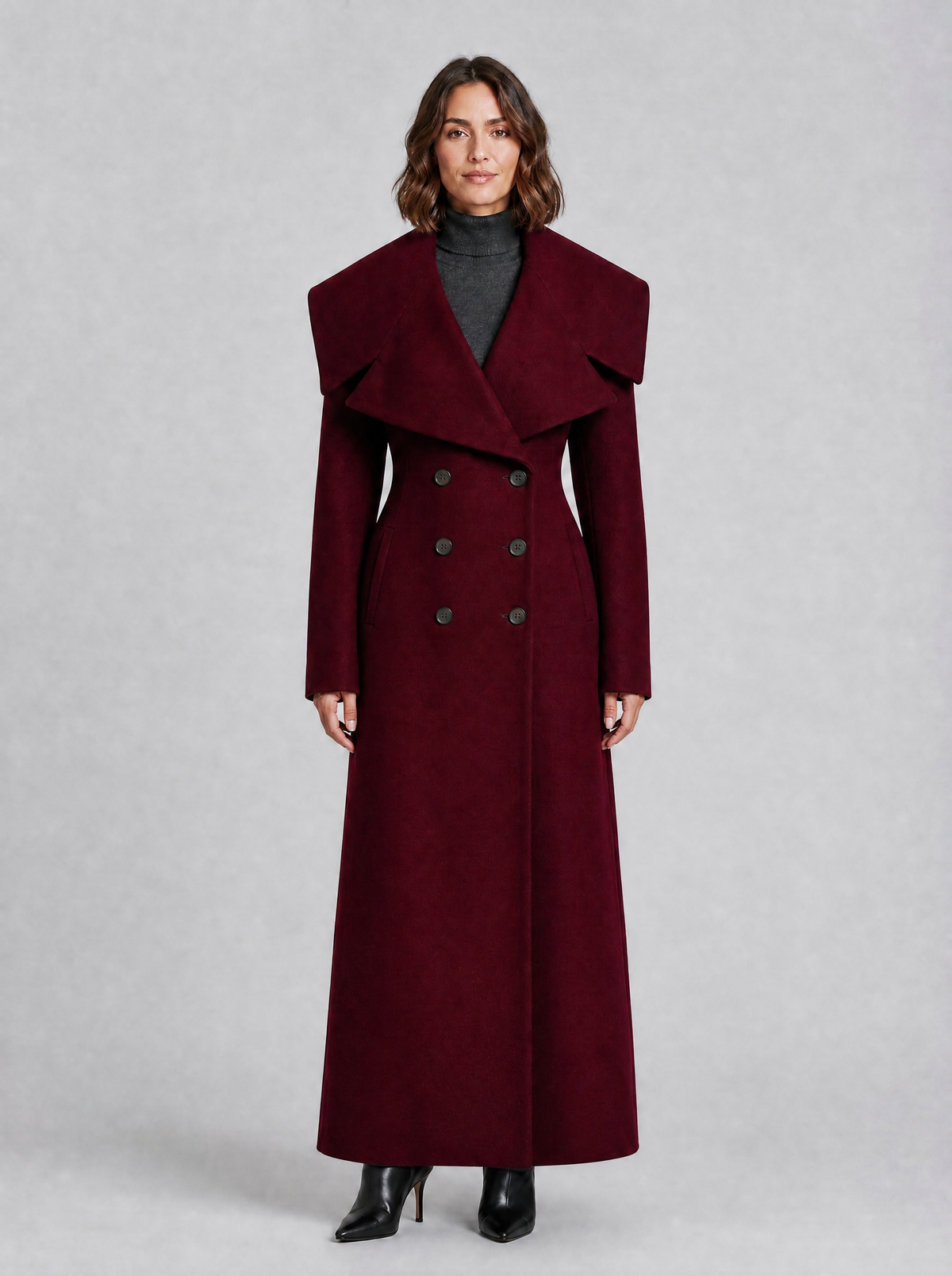 Women's Wool Blend Oversized Collar Double Breasted Maxi Overcoat Tailored Fit - Burgundy colour view