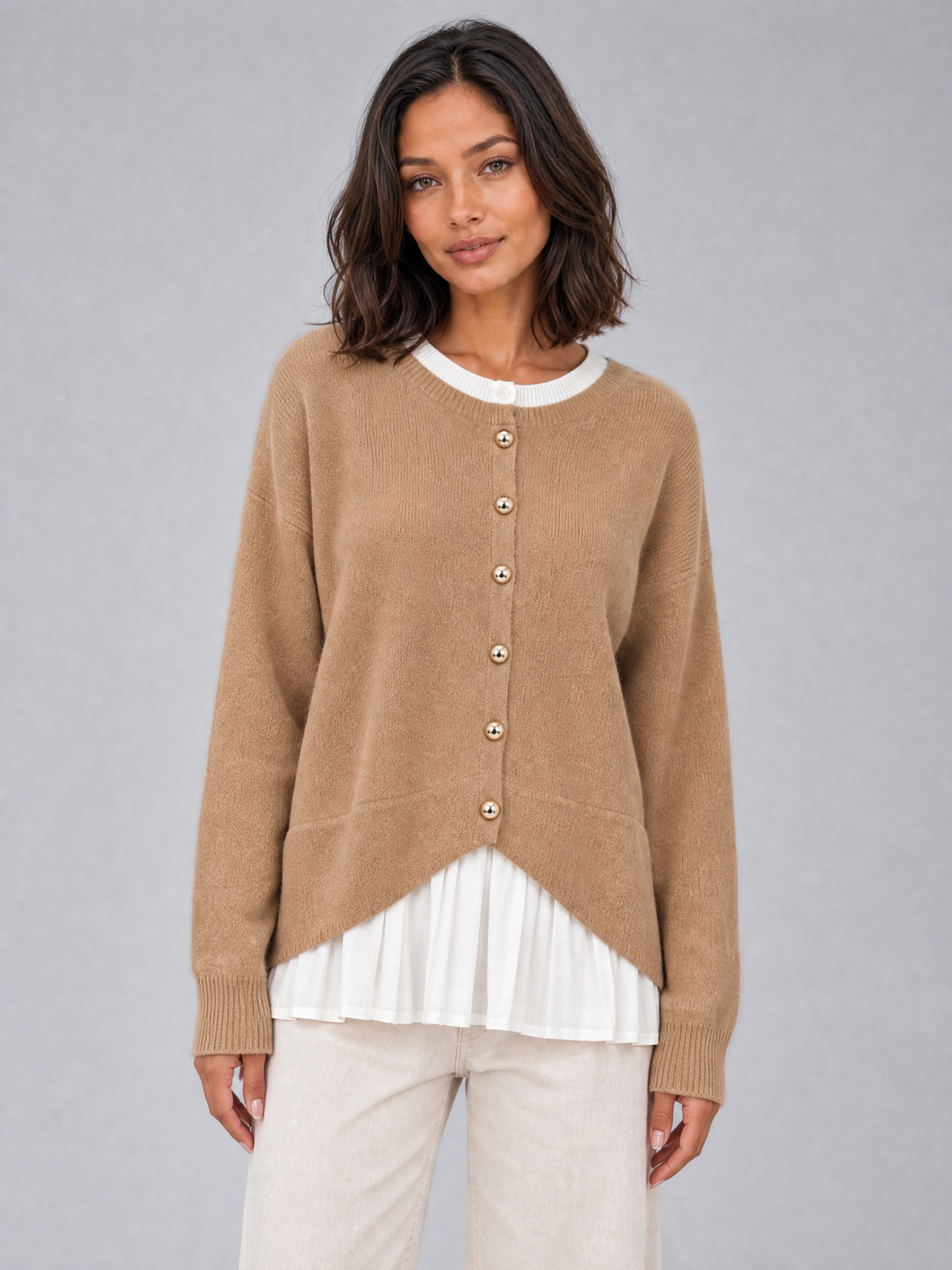 Women's Wool Blend Pleated Hem Asymmetric Cardigan