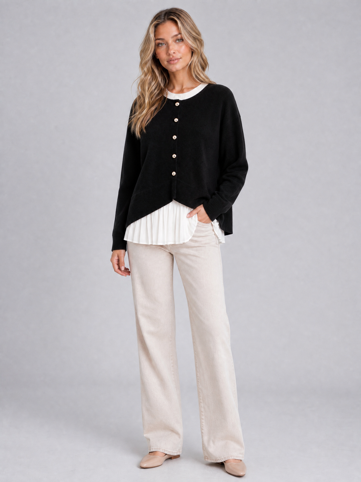 Women's Wool Blend Pleated Hem Asymmetric Cardigan