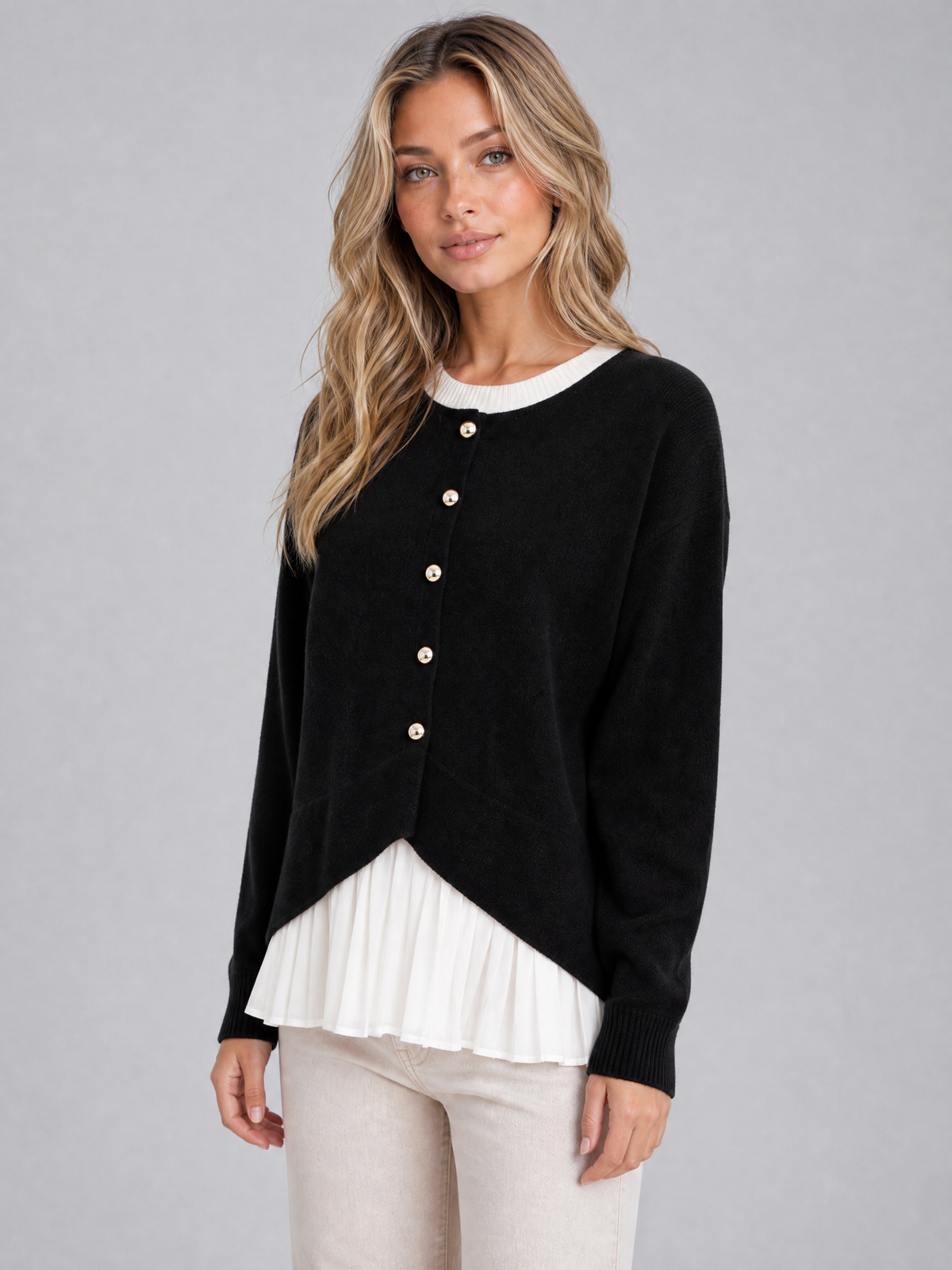Women's Wool Blend Pleated Hem Asymmetric Cardigan