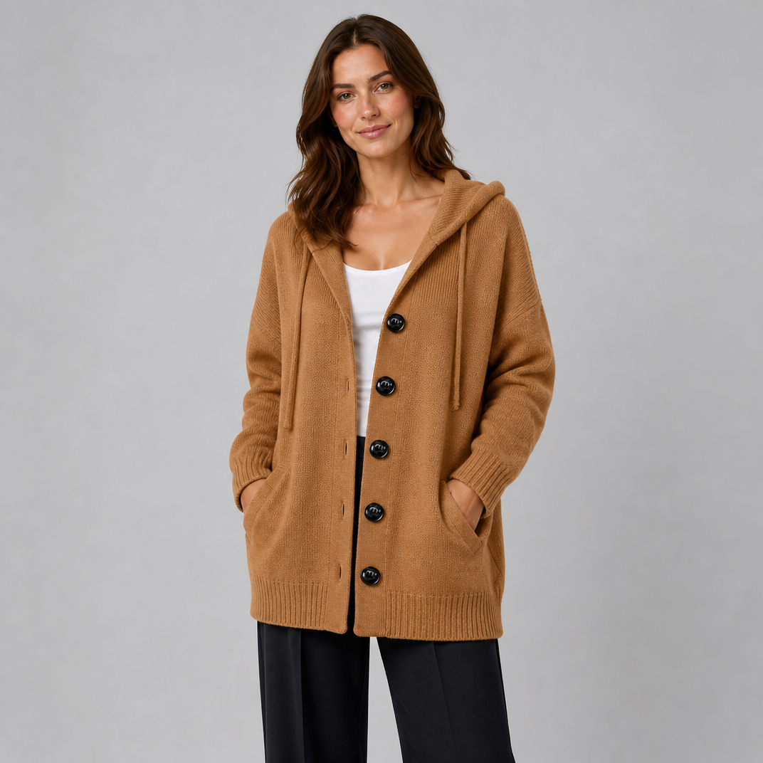 Women's Wool Blend Relaxed Button Front Hooded Cardigan