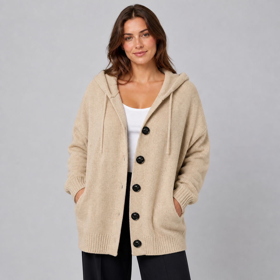 Women's Wool Blend Relaxed Button Front Hooded Cardigan